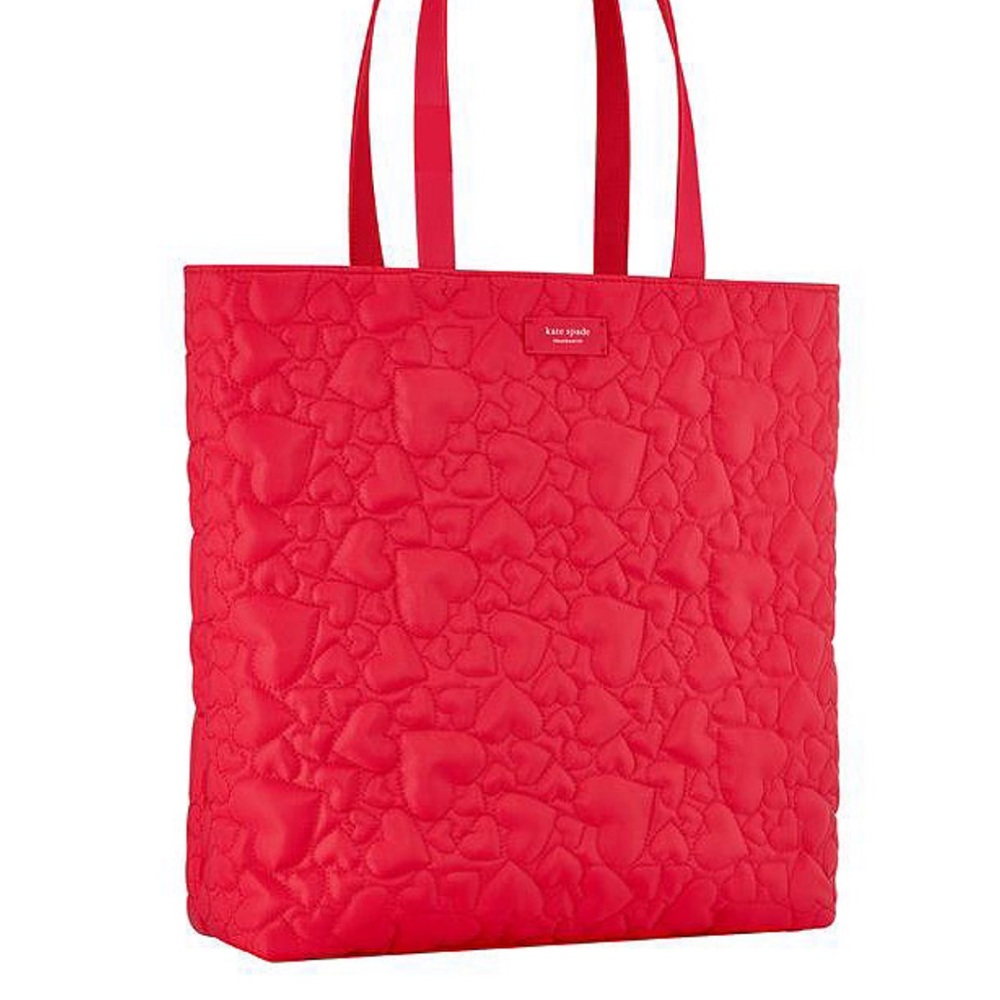 KATE SPADE Vibrant Red Heart Tote shopper bag logo Valentines purse 17x14in